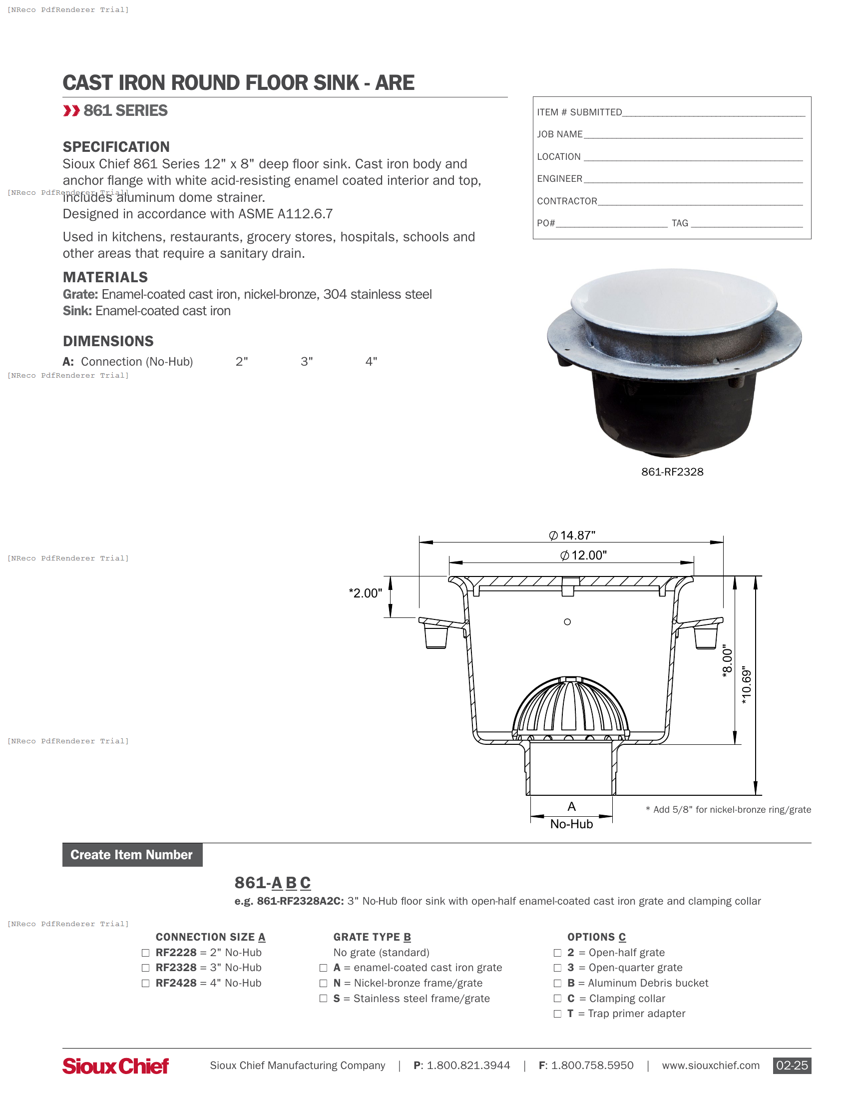 861-RF SERIES - 12X8 FLOOR SINK - SPEC SHEET.PDF Specification Document